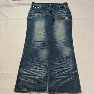 VTG Y2K Blue Jean Men Wash Flare Wide Leg Baggy Whisker Skate Marble 38x32L-5045